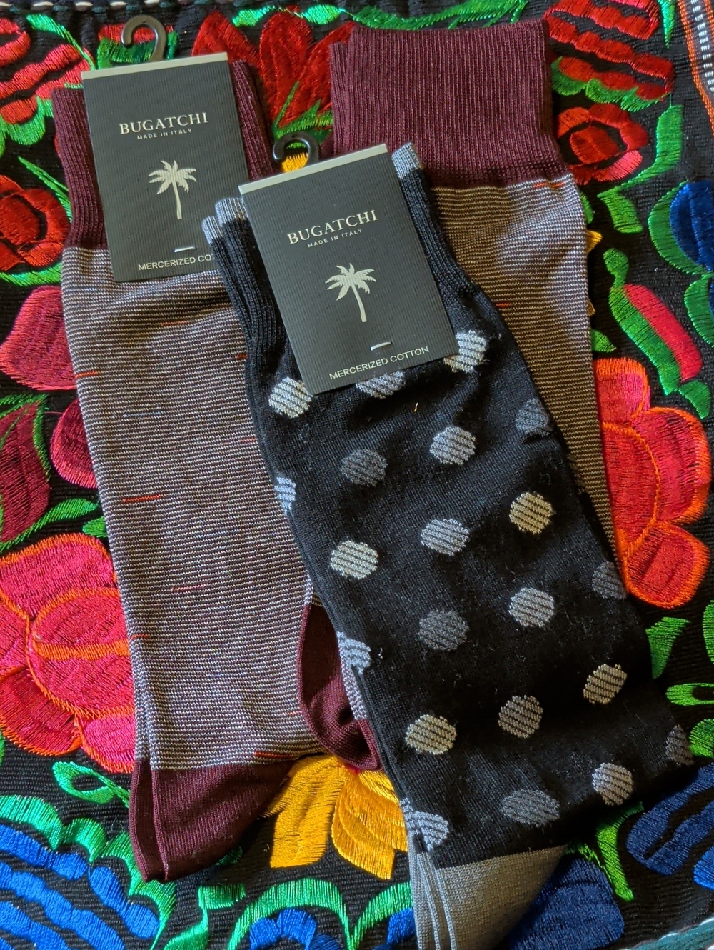 Bugatchi Men’s Dress Socks – Black Polka Dot & Burgundy Pair